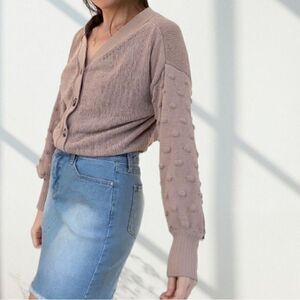 Moon & Madison Knit Bubble Polka Dot Sleeve Crop Cardigan L